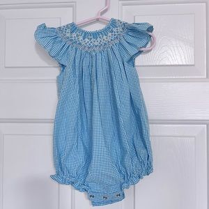 EUC blue gingham and smocked romper